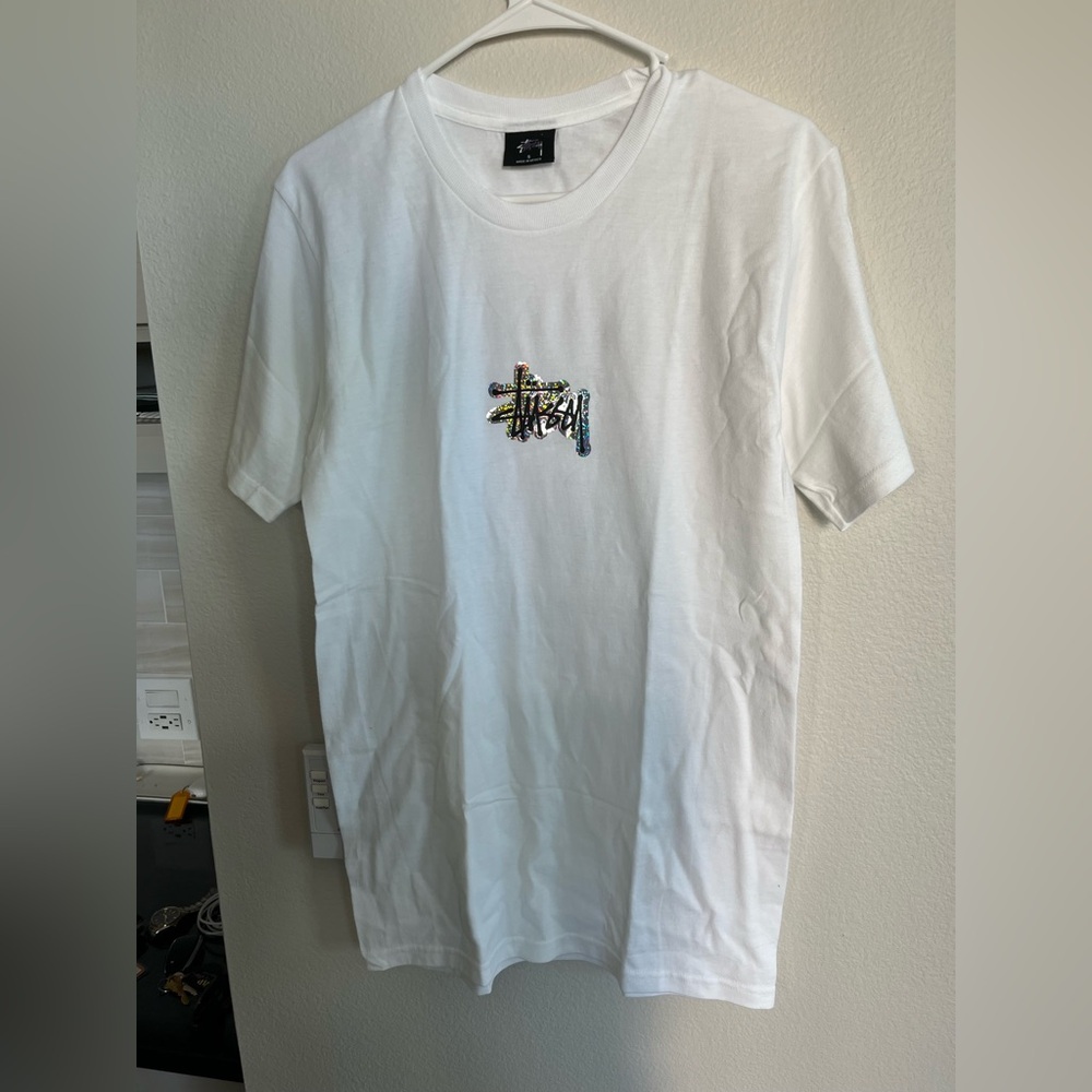 Stussy White Short Sleeve Tee with Multicolor Logo